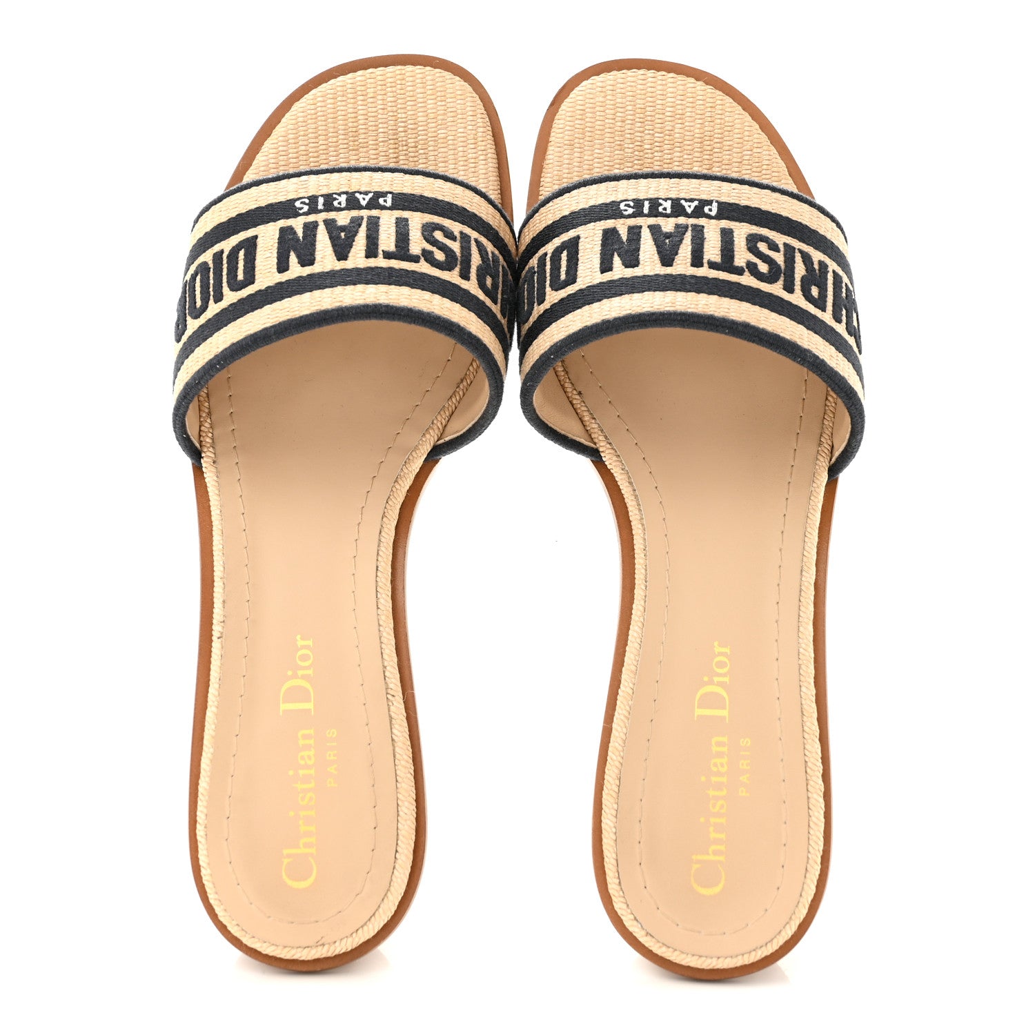 Christian Dior Straw Embroidered Dway 40mm Slide Sandals 37.5 Natural Black 2 of 9