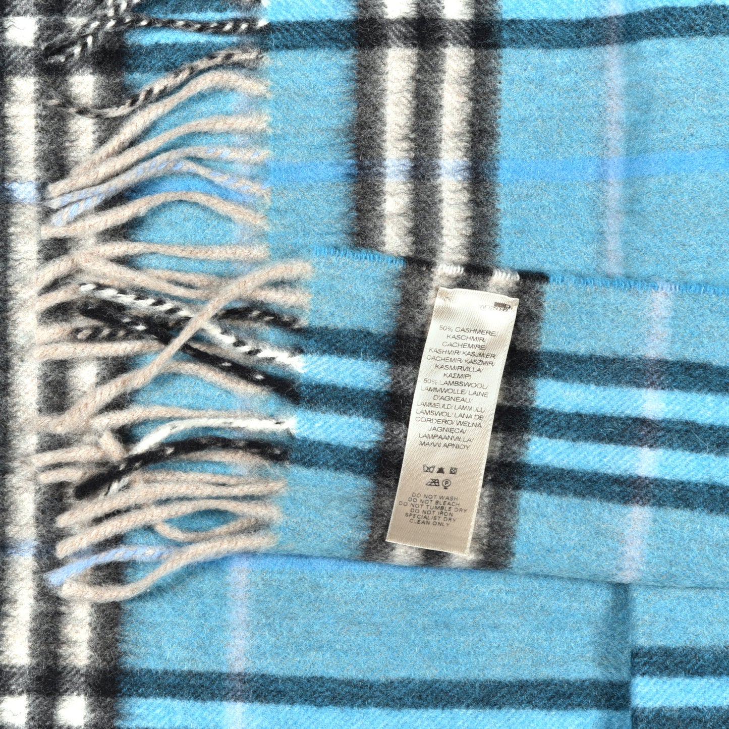 Cashmere Wool Check Fringe Scarf Blue
