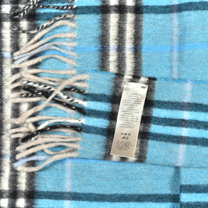 Burberry Cashmere Wool Check Fringe Scarf Blue 5 of 5