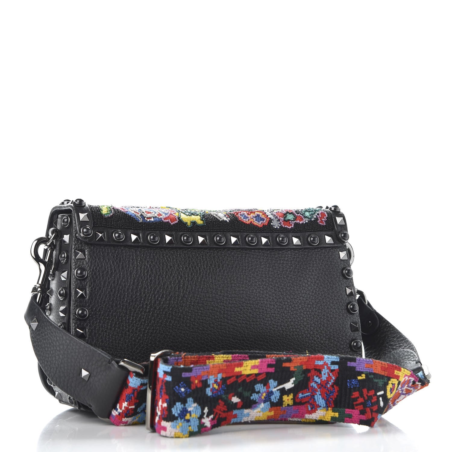 Valentino Garavani Calfskin Beaded Medium Guitar Strap Rockstud Rolling Flap Saddle Bag Black 2 of 9