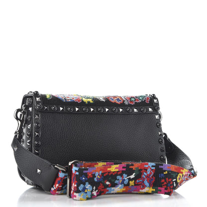 Valentino Garavani Calfskin Beaded Medium Guitar Strap Rockstud Rolling Flap Saddle Bag Black 2 of 9