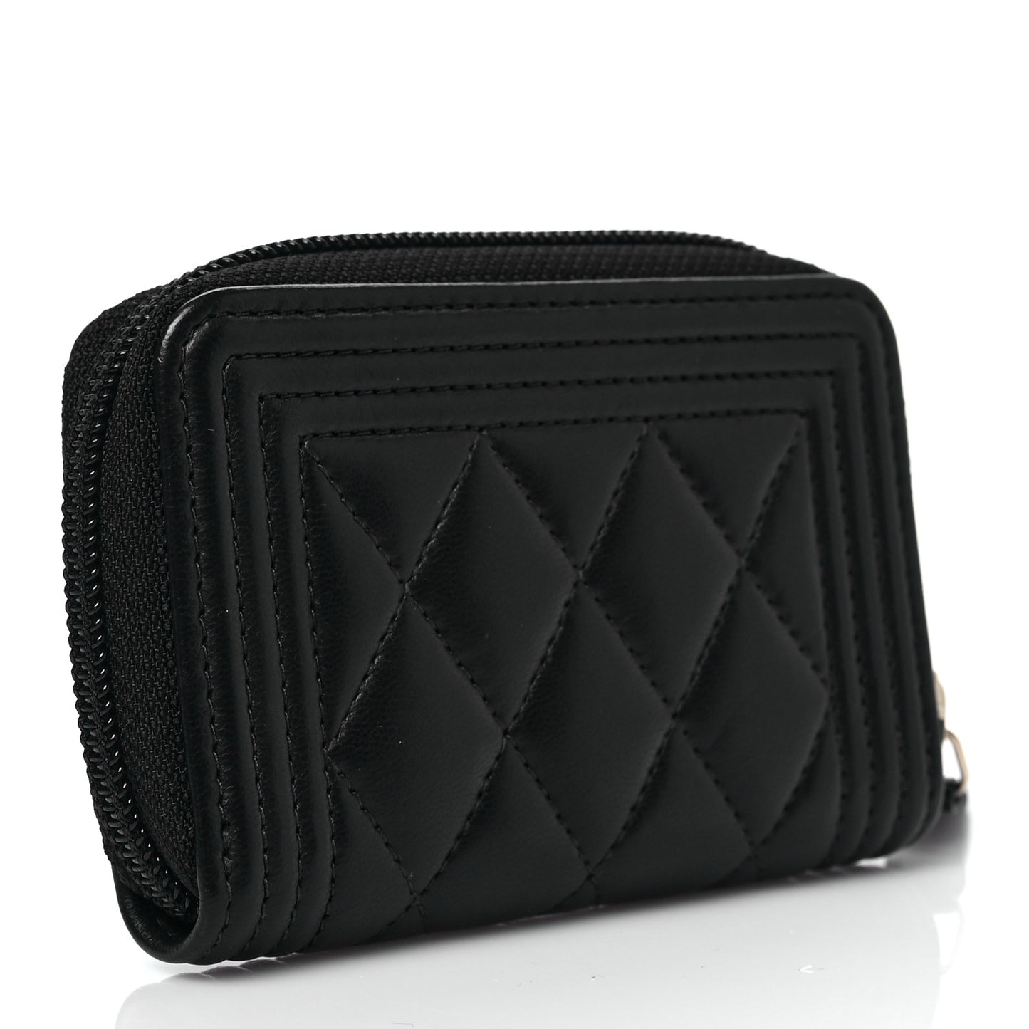 Lambskin Quilted Zip Around Boy Coin Purse Wallet Black