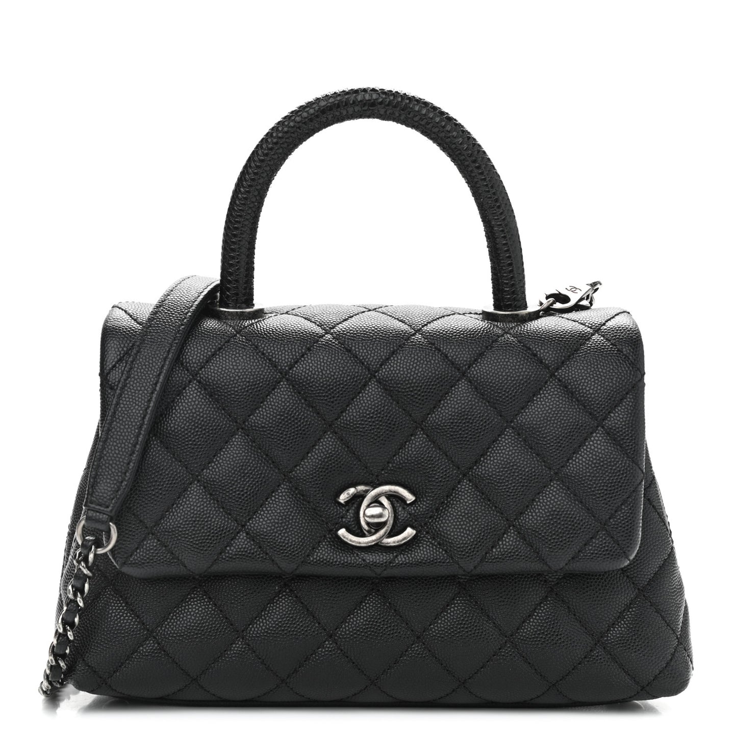 Caviar Lizard Embossed Quilted Mini Coco Handle Flap Black