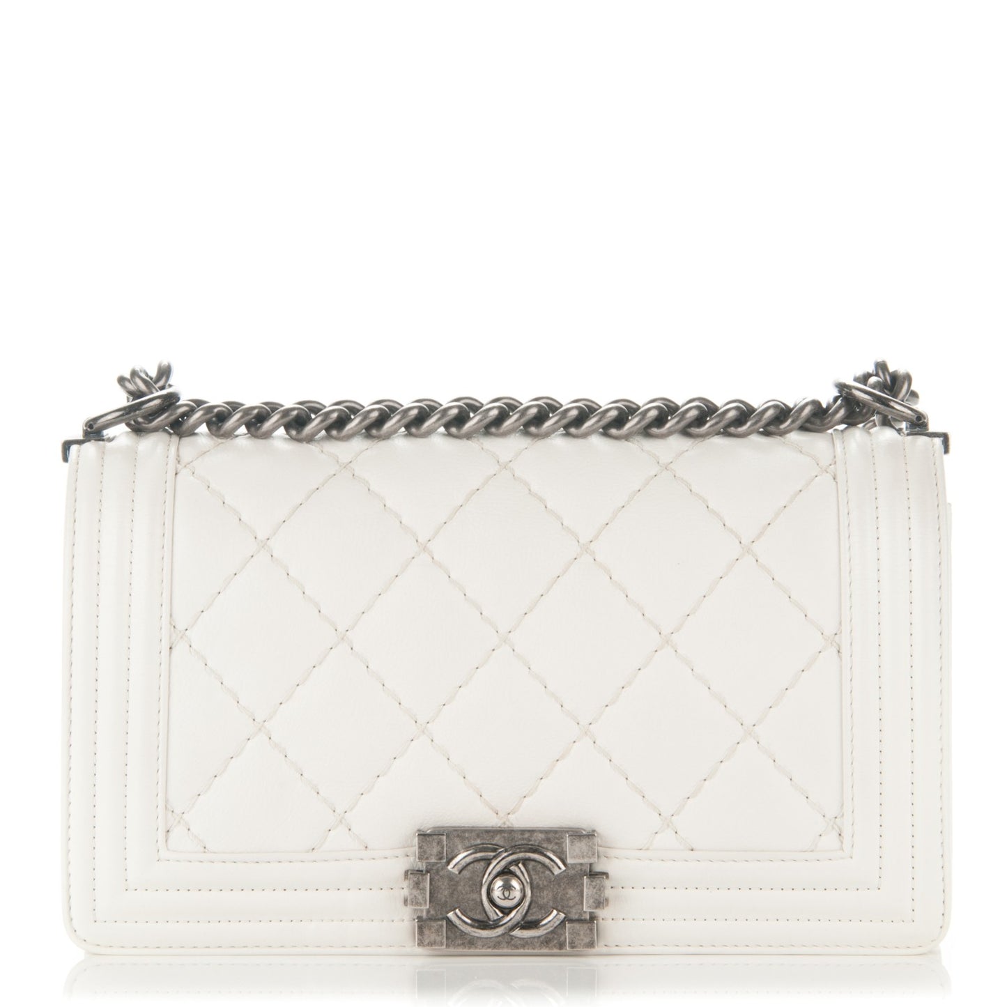 Calfskin Stitched Medium Boy Flap White