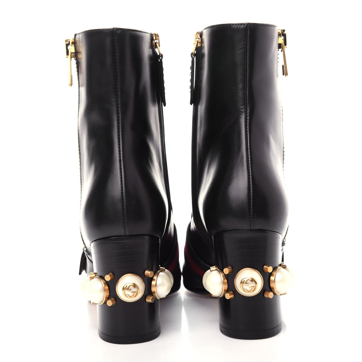 Gucci Betis Glamour Calfskin Web Pearl Embellished Peyton 75mm Ankle Boots 38 Black 7 of 11