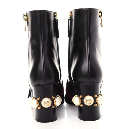 Gucci Betis Glamour Calfskin Web Pearl Embellished Peyton 75mm Ankle Boots 38 Black 7 of 11