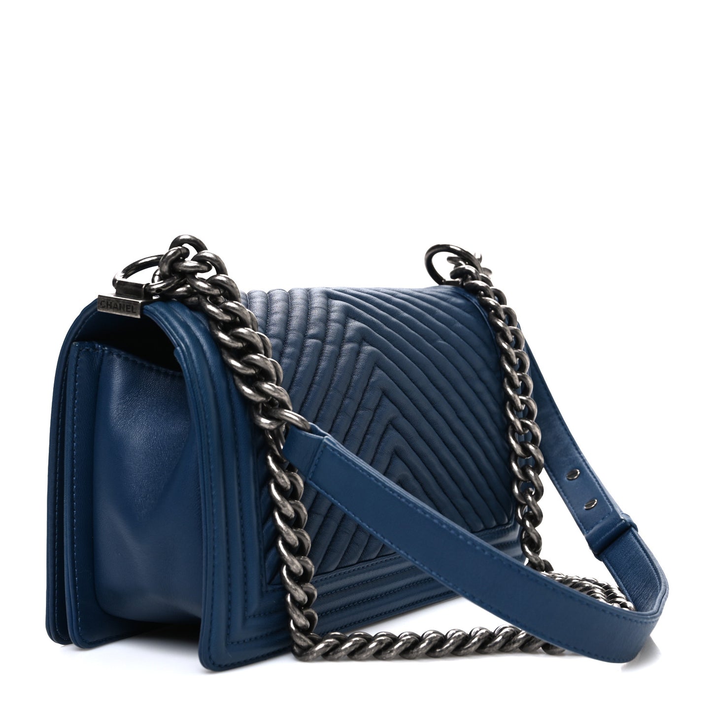 Calfskin Chevron Quilted Medium Boy Flap Dark Navy Blue