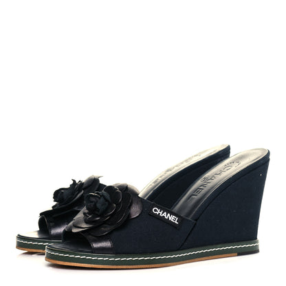 Chanel Canvas Camellia Wedge Sandals 38.5 Navy 3 of 10