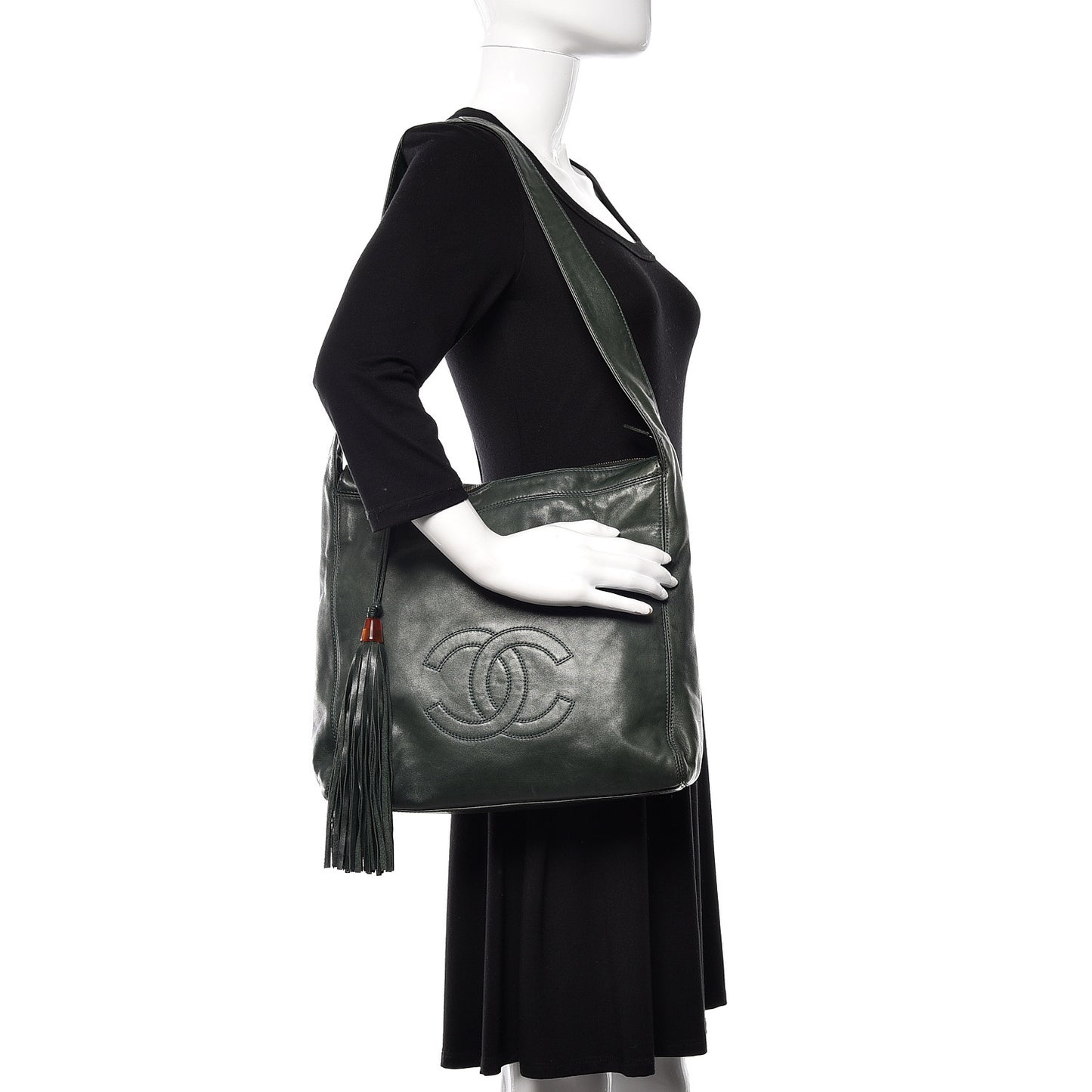 Lambskin CC Tassel Shoulder Bag Dark Green