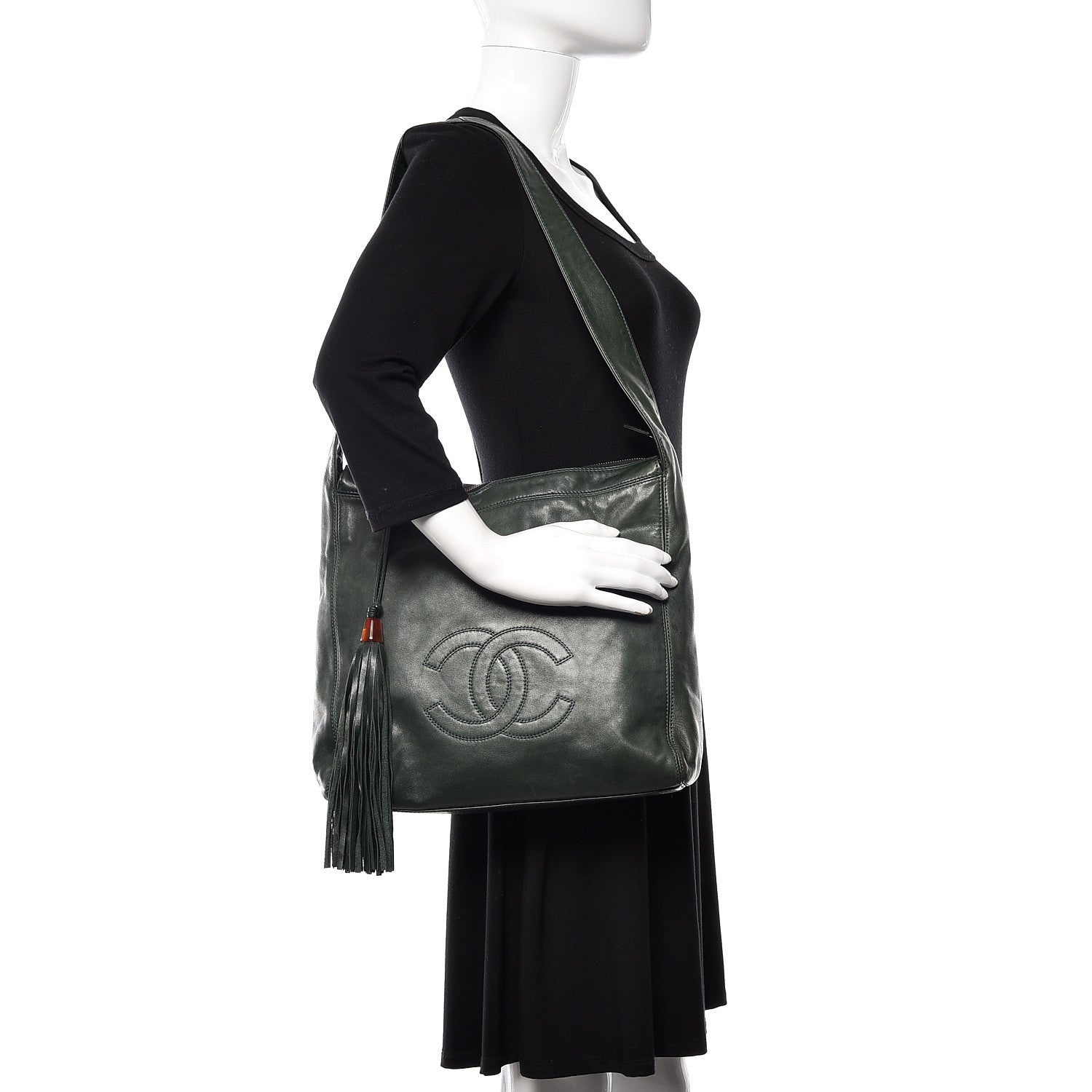 Chanel Lambskin CC Tassel Shoulder Bag Dark Green 2 of 12