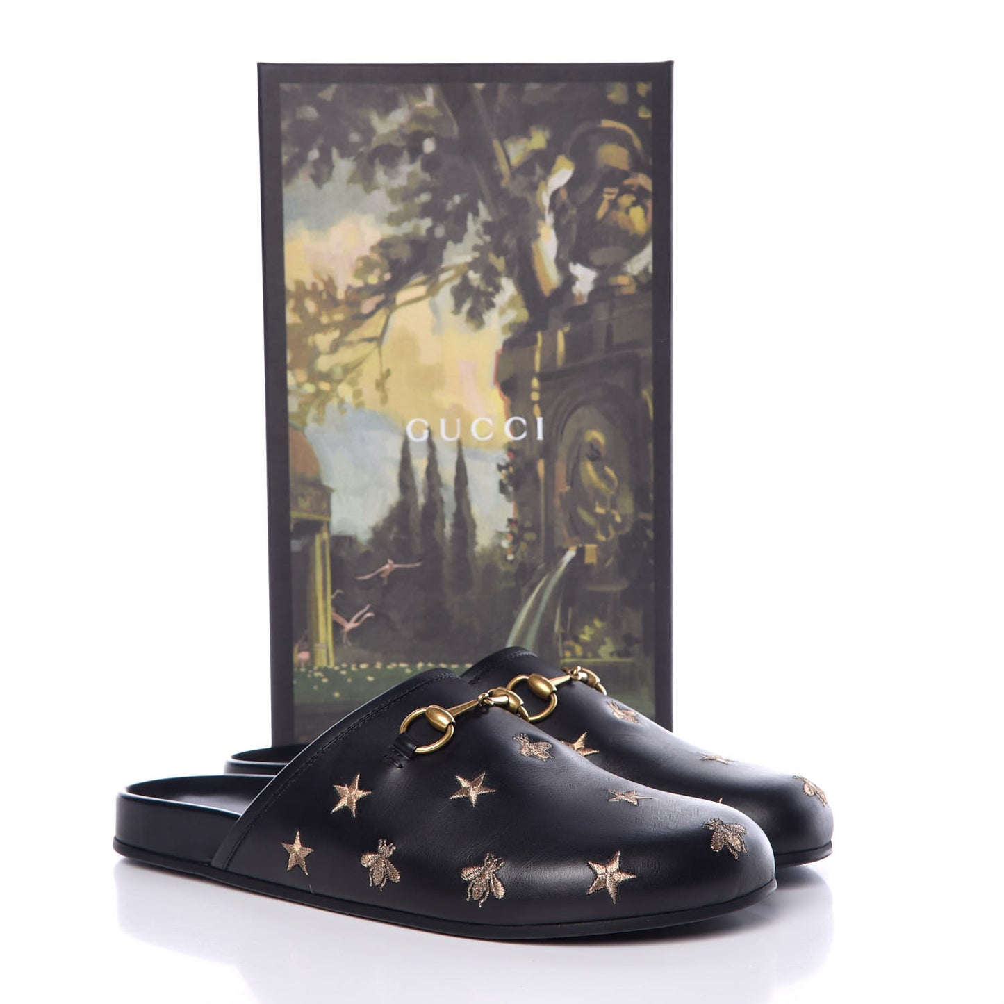 Calfskin Bee Star Embroidered Mens Horsebit River Slippers 12 Black