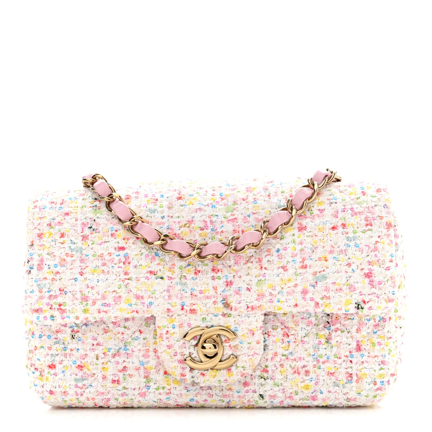 Tweed Sequin Quilted Mini Rectangular Flap White Pink Green Blue