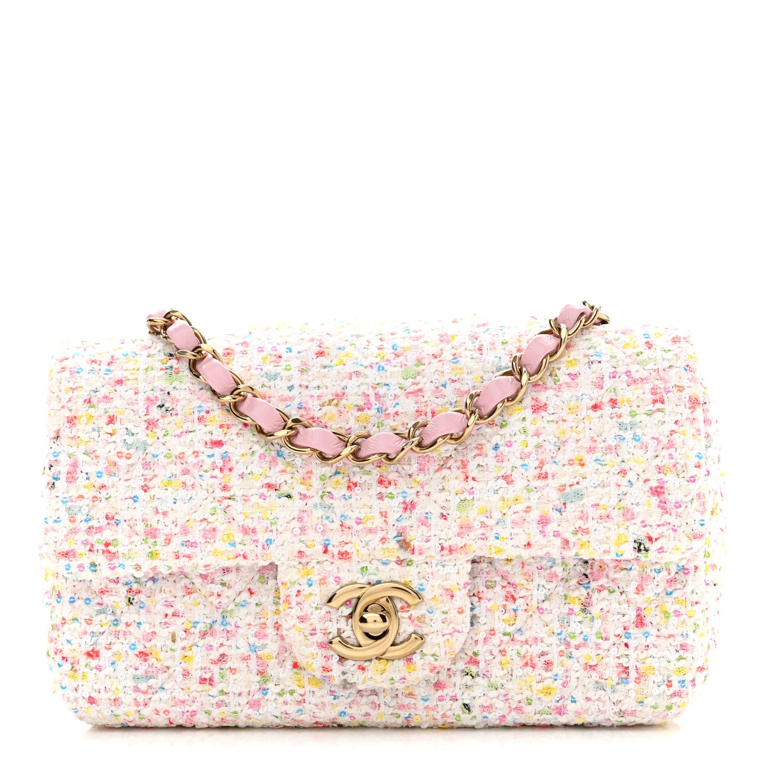 Chanel Tweed Sequin Quilted Mini Rectangular Flap White Pink Green Blue 1 of 11