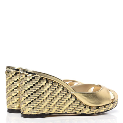 Jimmy Choo Metallic Nappa Woven Almer 80 Wedge Sandals 38 Gold 4 of 8