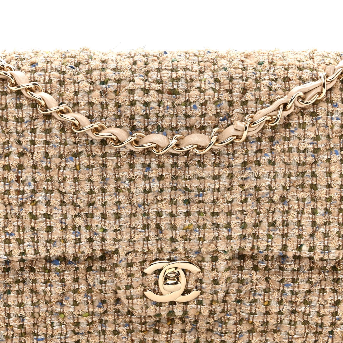 Tweed Quilted Medium Double Flap Beige Gold Multicolor
