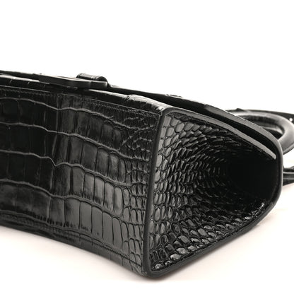 Balenciaga Shiny Calfskin Monochrome Crocodile Embossed Small Hourglass Top Handle Bag Black 8 of 9