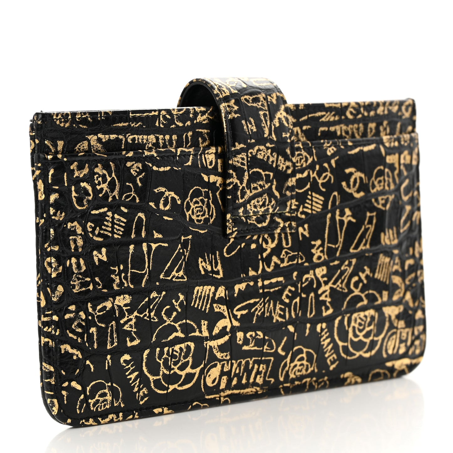 Calfskin Crocodile Embossed Graffiti 2.55 Cocodile Reissue Strap Pouch Black Gold
