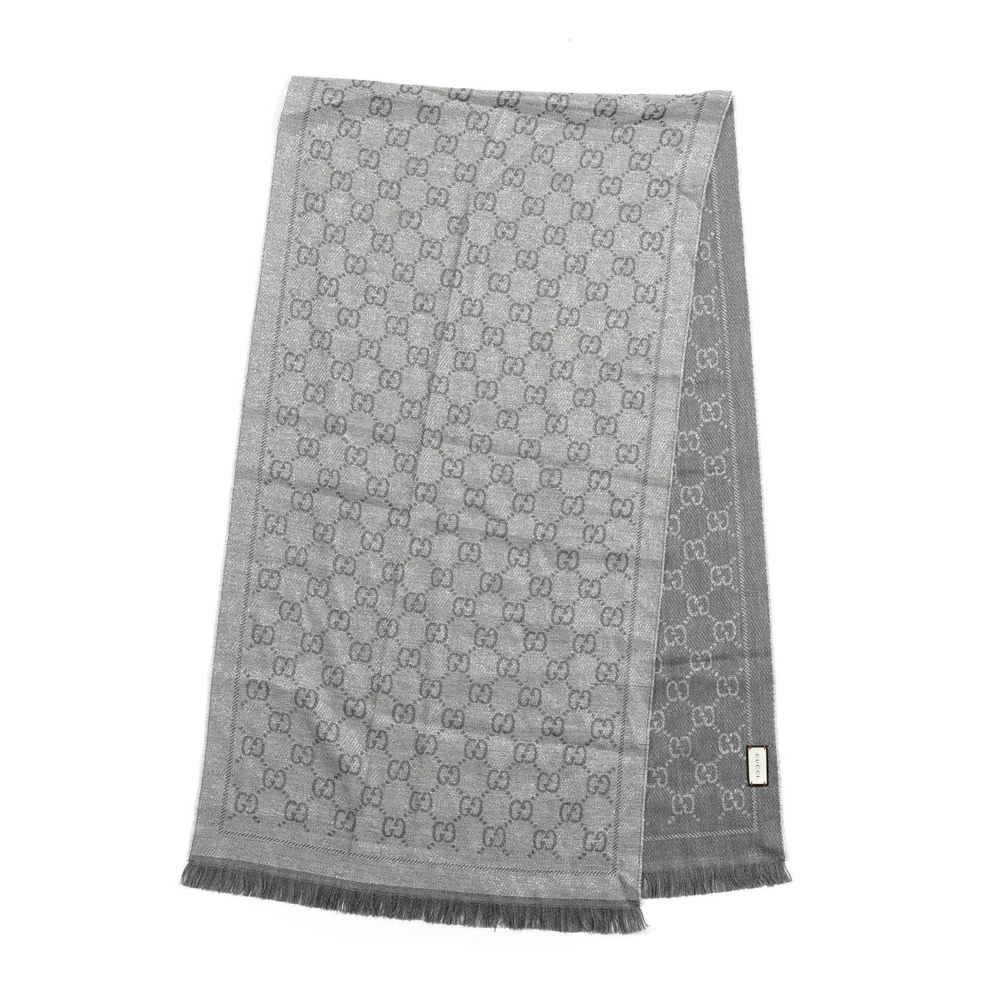 Wool Jacquard Monogram Fringe Scarf Silver