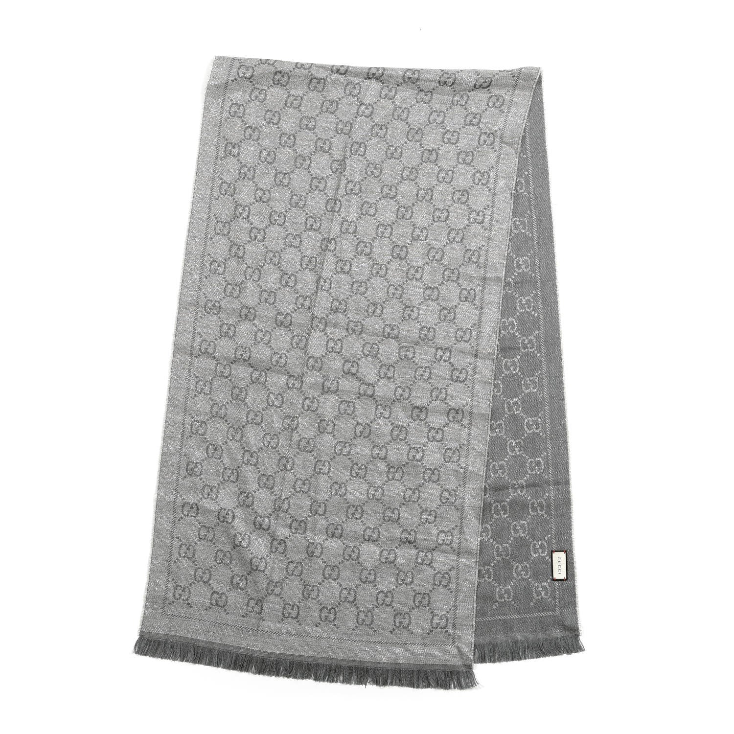 Gucci Wool Jacquard Monogram Fringe Scarf Silver 2 of 4