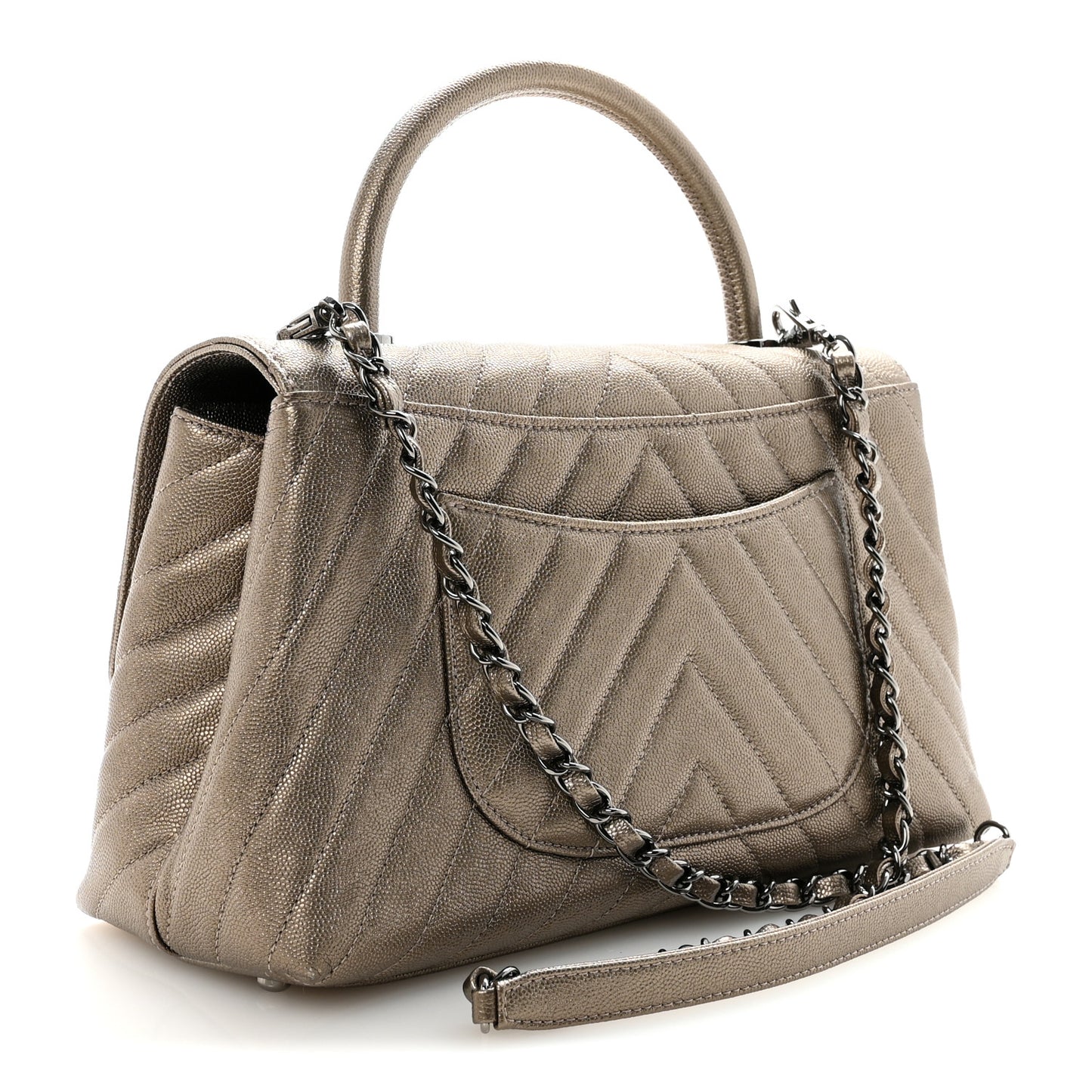 Metallic Caviar Chevron Quilted Small Coco Handle Flap Light Gold