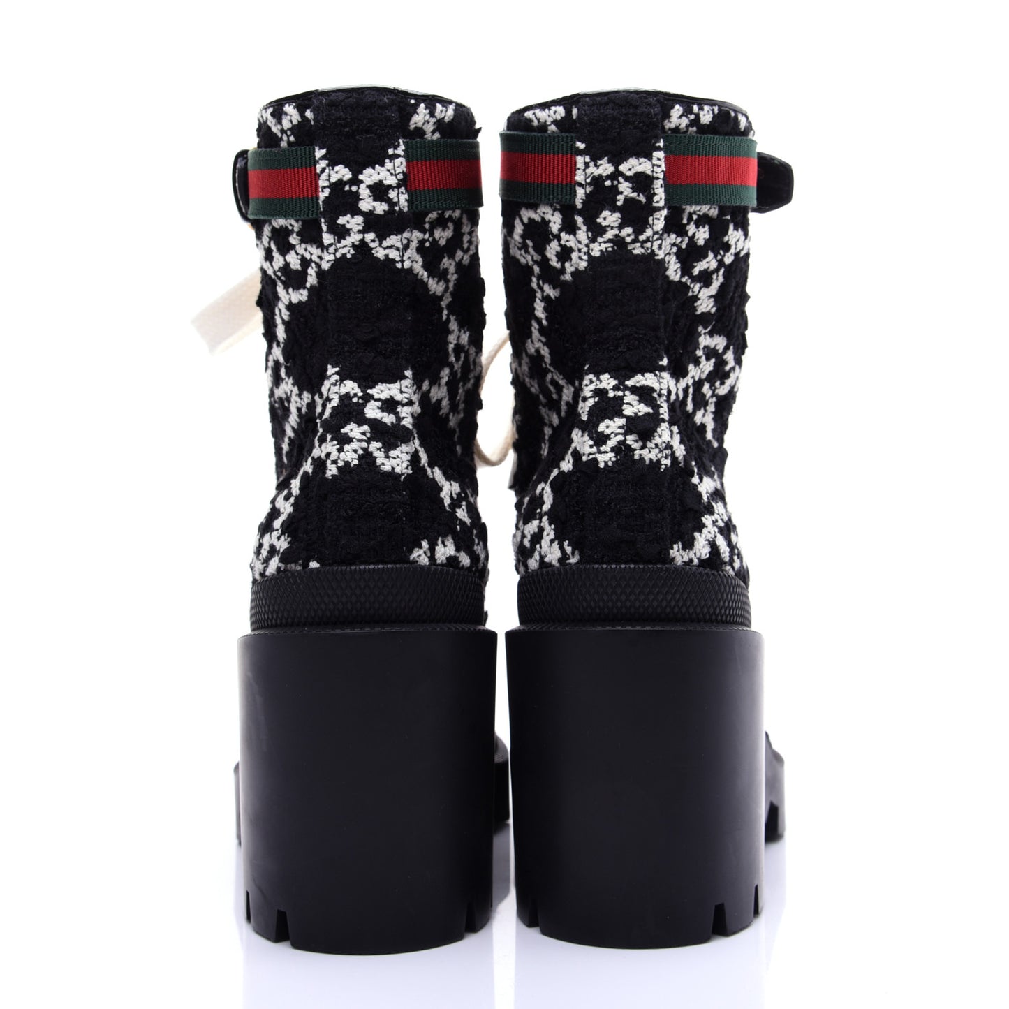 Tweed GG Monogram Lace Up Combat Ankle Boots 35 Black