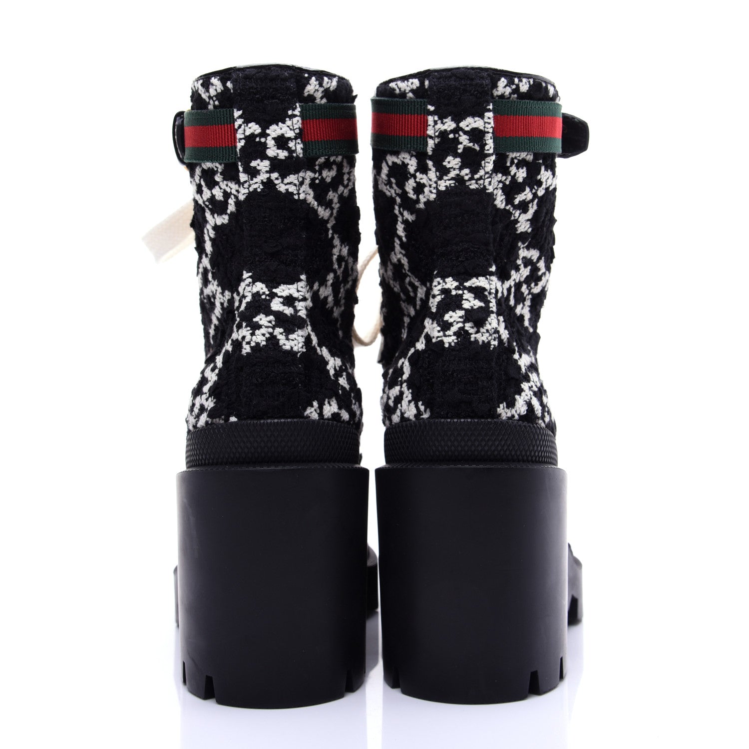 Gucci Tweed GG Monogram Lace Up Combat Ankle Boots 35 Black 6 of 15