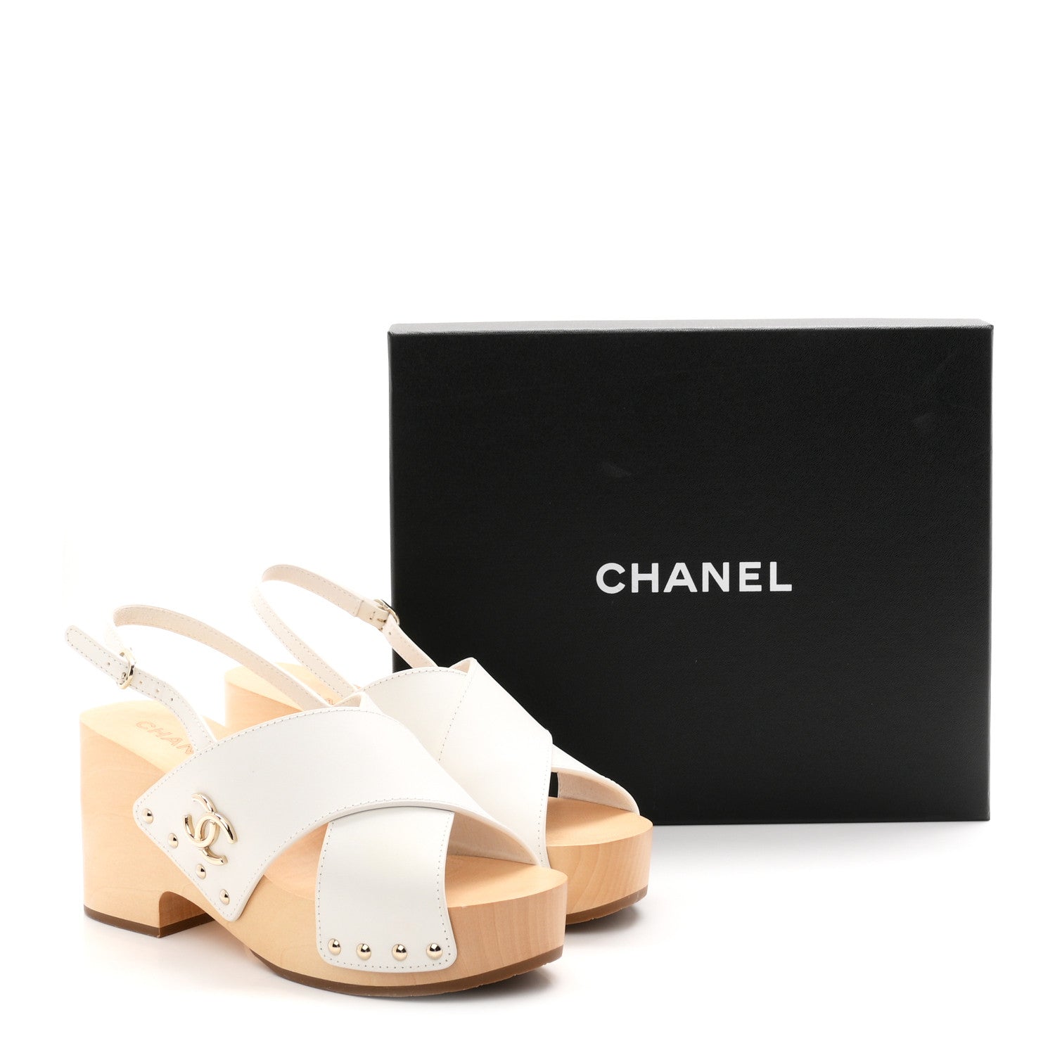 Chanel Calfskin Studded Slingback Clog Sandals 39 White 10 of 10