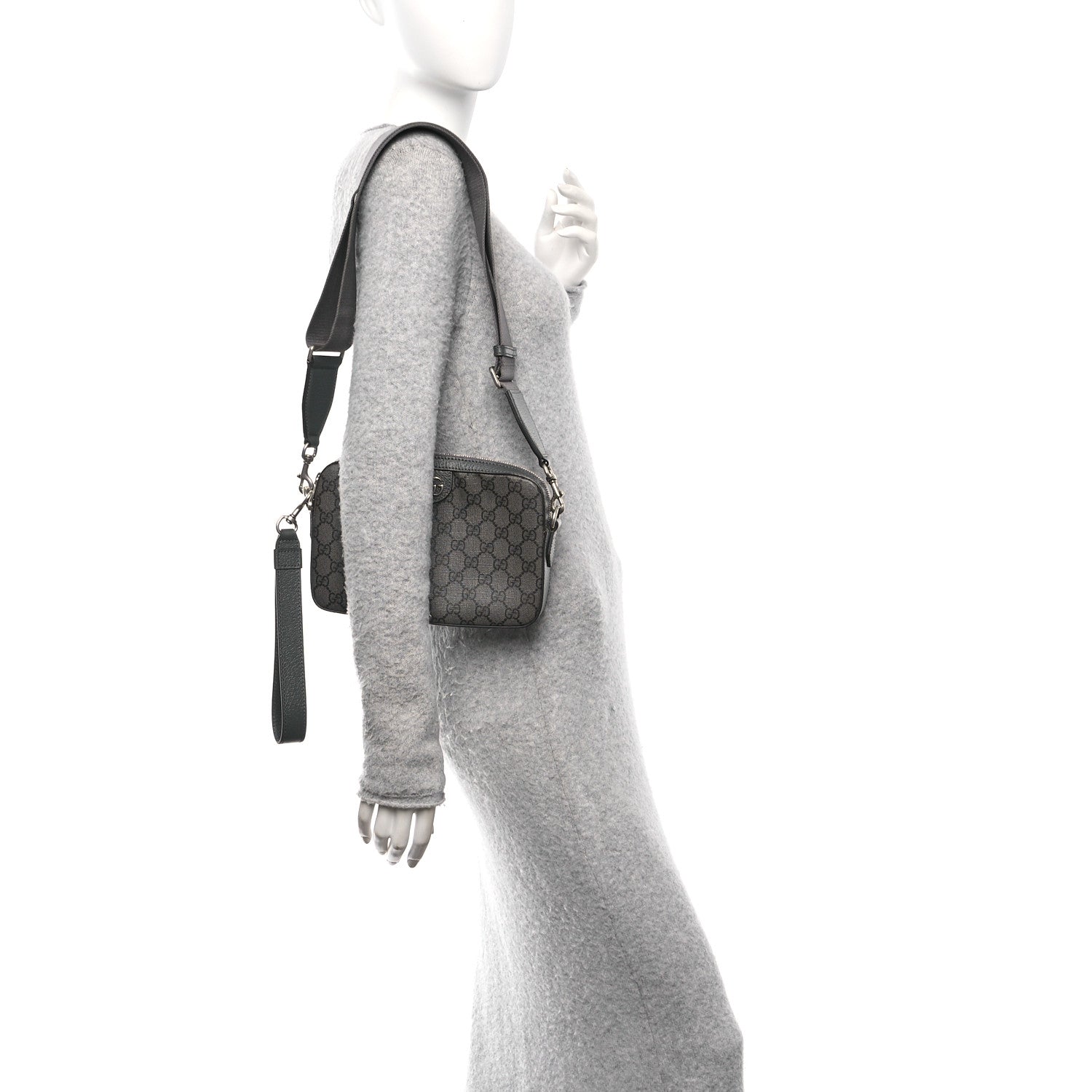 Gucci GG Supreme Monogram Textured Dollar Calfskin Web Ophidia Wristlet Shoulder Bag Grey Black Graphite Grey 2 of 11