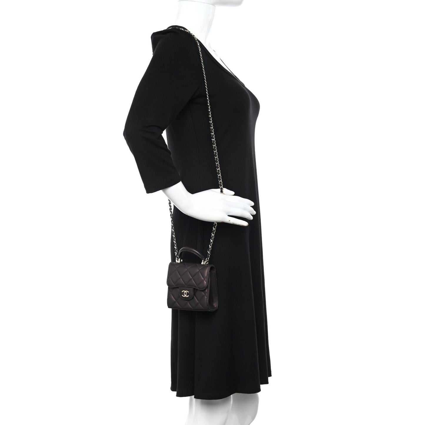 Iridescent Lambskin Quilted Top Handle Clutch With Chain Burgundy