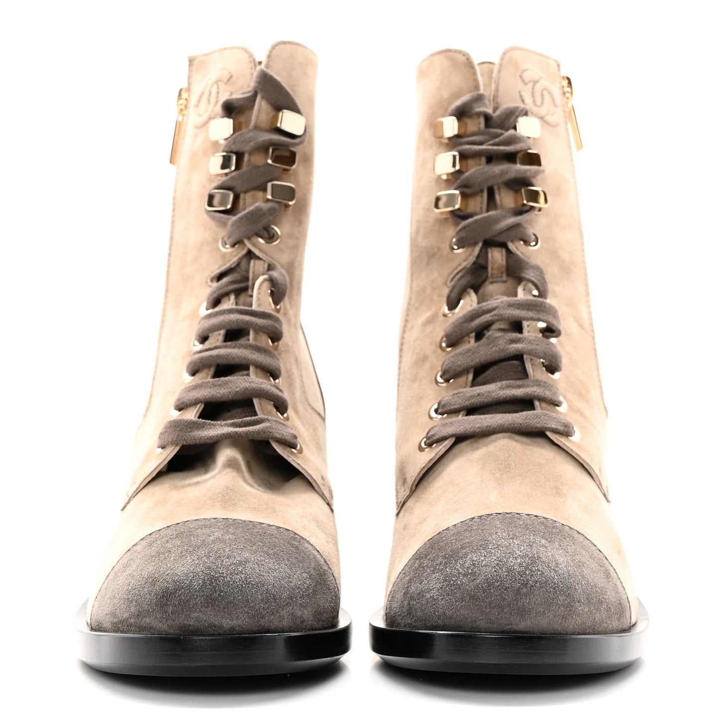 Suede Calfskin CC Lace Up Short Boots 40 Light Beige