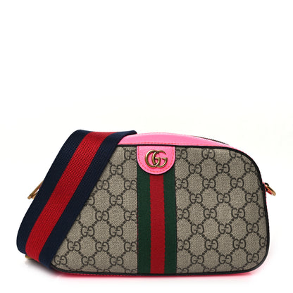 Gucci GG Supreme Monogram Textured Dollar Calfskin Web Ophidia Small Crossbody Bag Beige Ebony Fuchsia 1 of 10