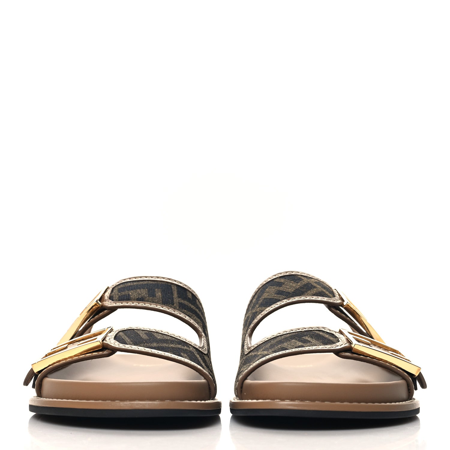 Fendi Fabric Jacquard Nappa FF Womens Fendi Feel Buckled Slide Sandals 40 Tobacco Black Miele Scuro 3 of 10