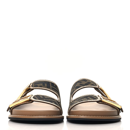 Fendi Fabric Jacquard Nappa FF Womens Fendi Feel Buckled Slide Sandals 40 Tobacco Black Miele Scuro 3 of 10