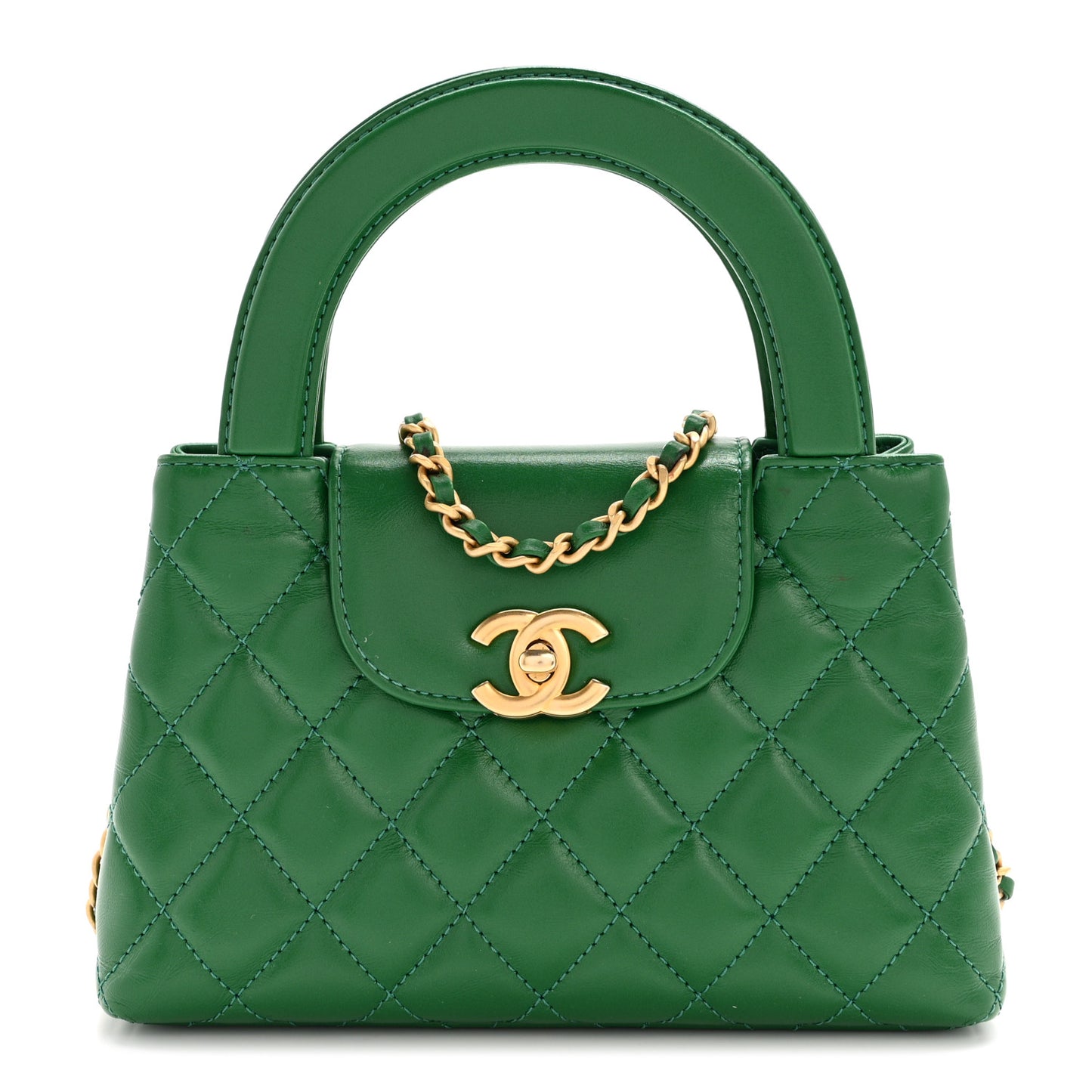 Shiny Aged Calfskin Quilted Nano Kelly Shopper Green