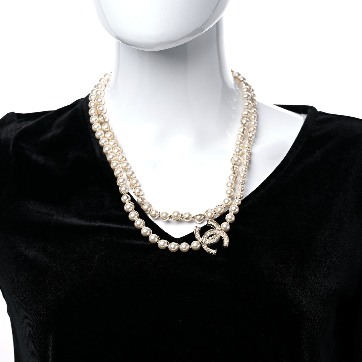 Crystal Pearl CC Chain Long Necklace Gold