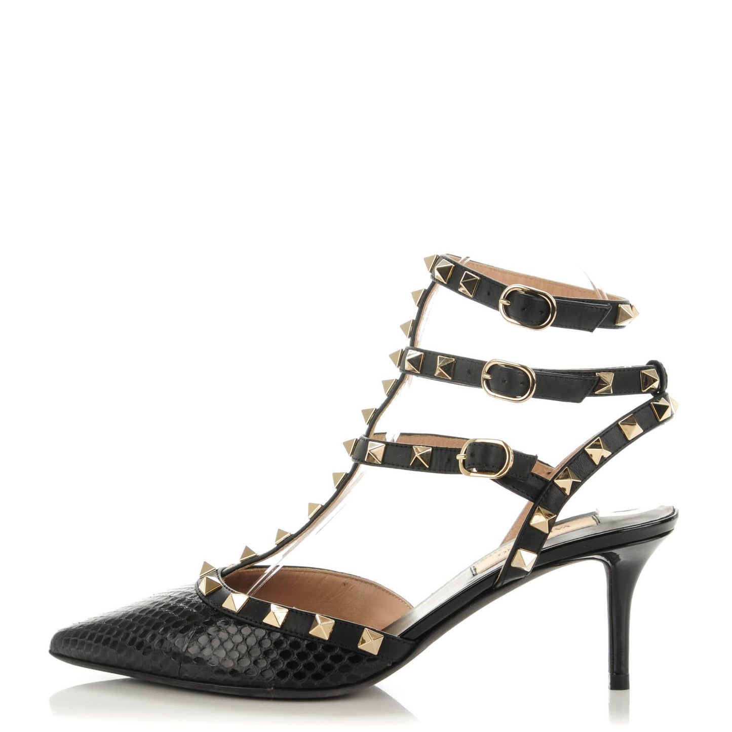 Glossy Python Rockstud Ankle Strap Low Heel Pumps 37 Black