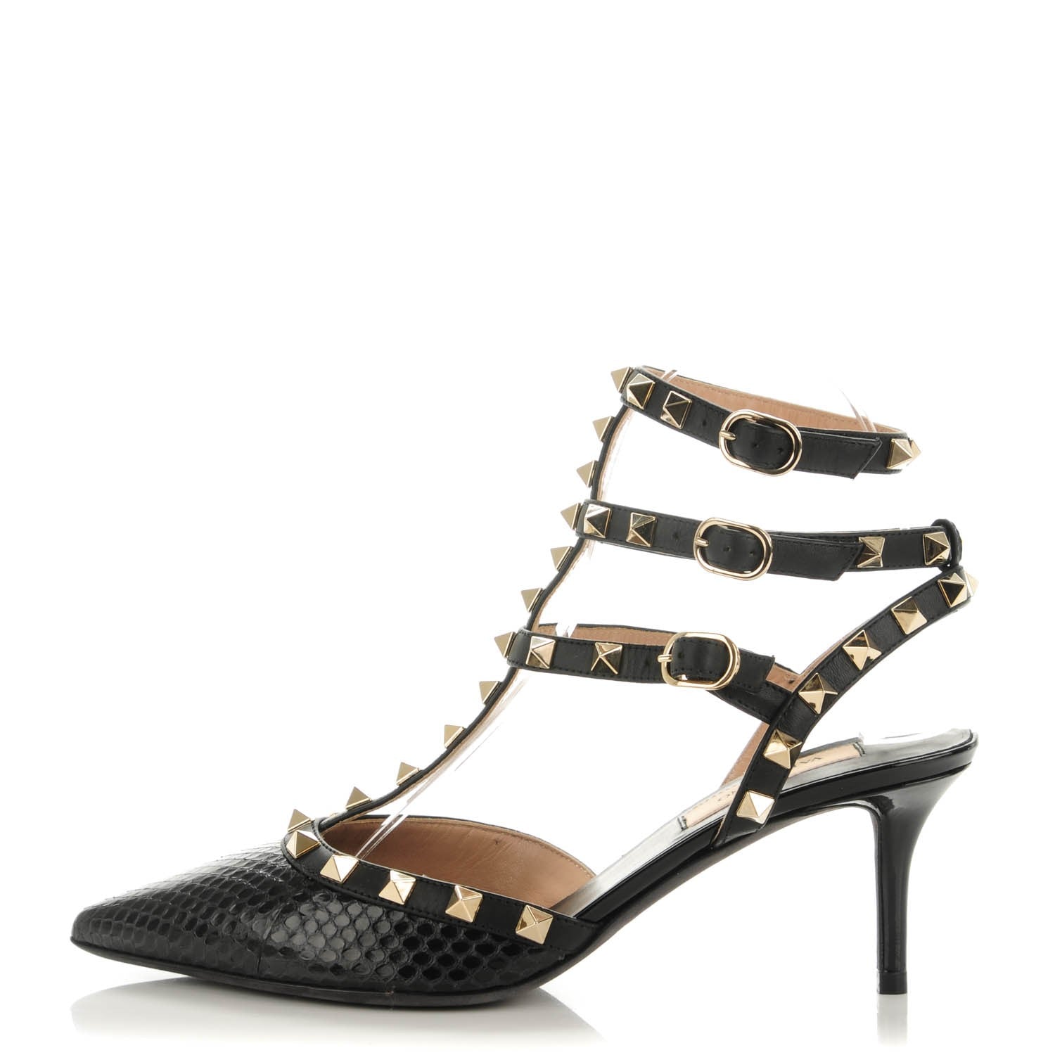 Valentino Garavani Glossy Python Rockstud Ankle Strap Low Heel Pumps 37 Black 1 of 7