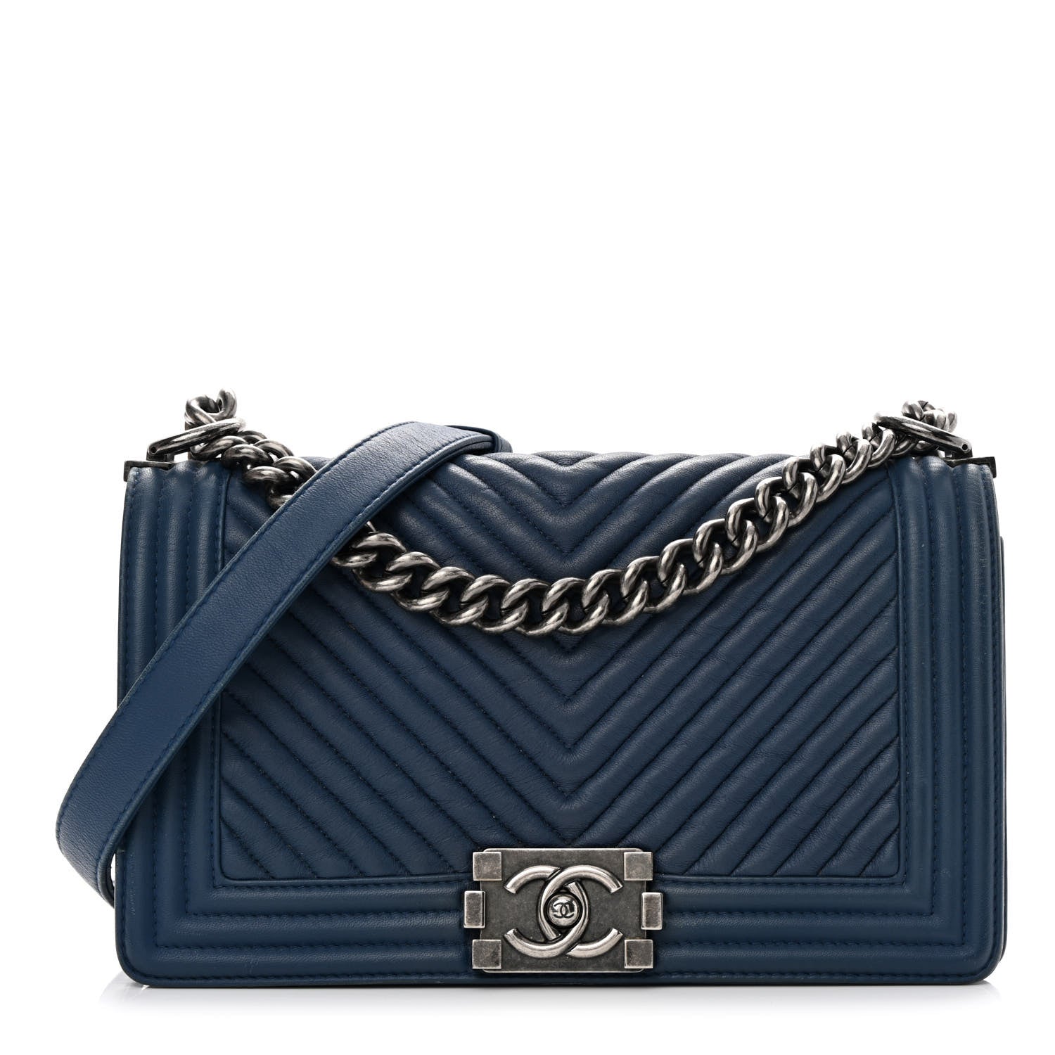 Chanel Wrinkled Lambskin Chevron Quilted Medium Boy Flap Navy 1 of 17