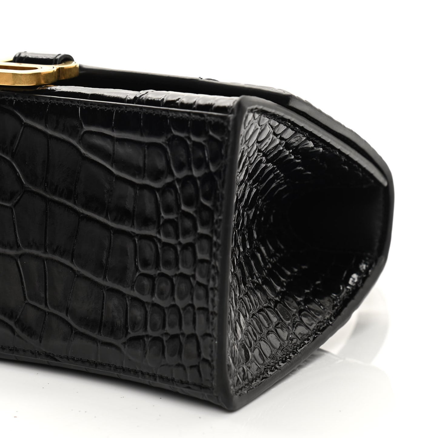 Shiny Calfskin Crocodile Embossed Small Hourglass Top Handle Bag Black