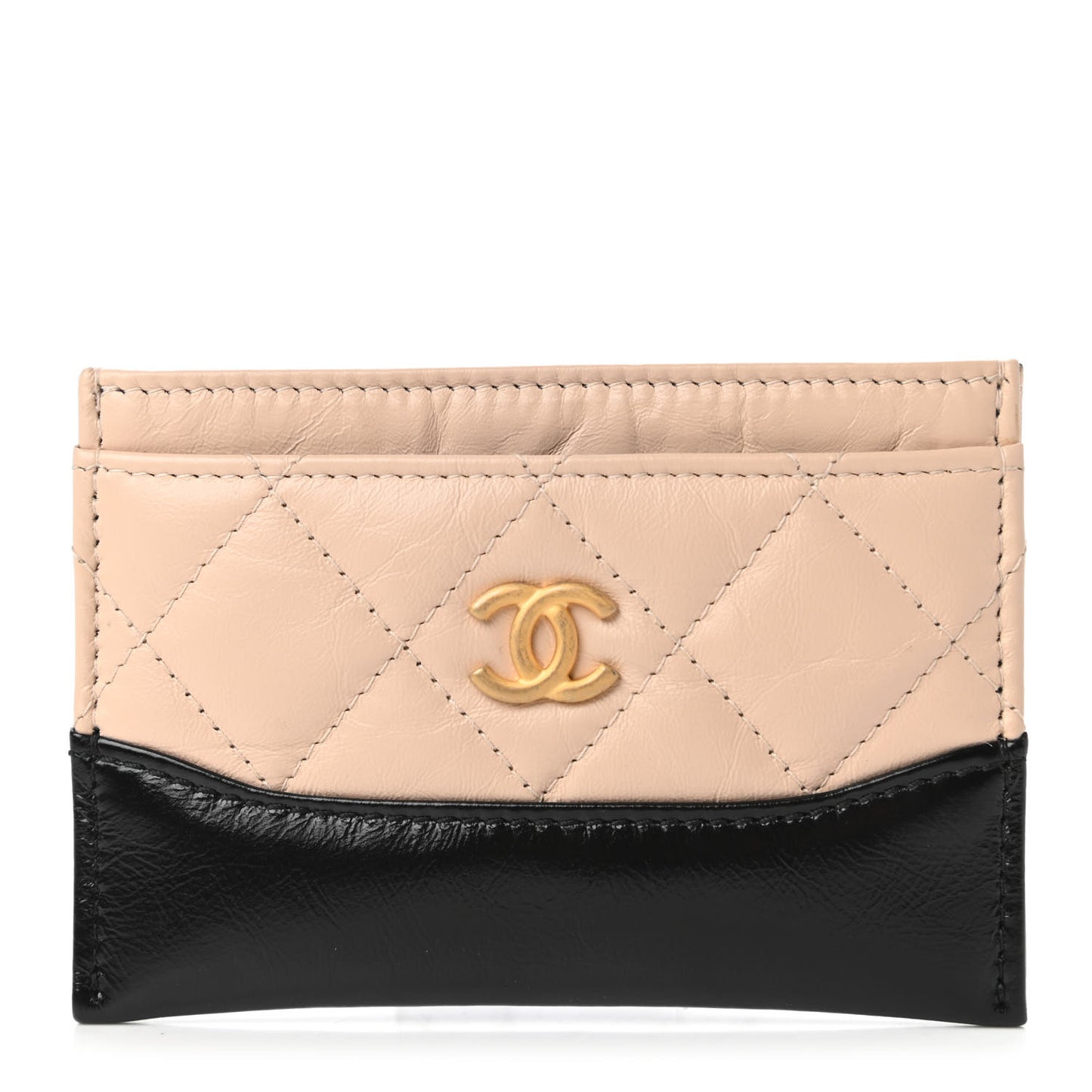 Aged Calfskin Quilted Gabrielle Card Holder Wallet Beige Black