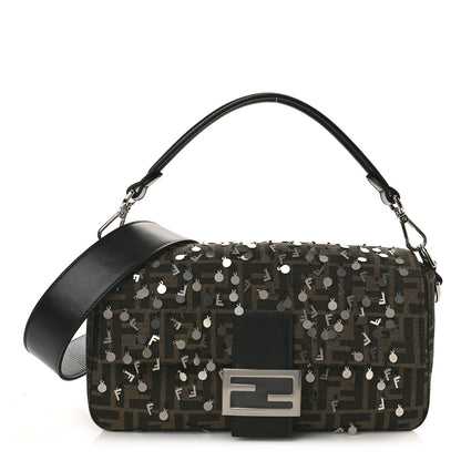 Fendi Fabric Jacquard F Paillettes Vitello Cover FF 1974 Embroidered Baguette Tobacco Moro Argento 1 of 8