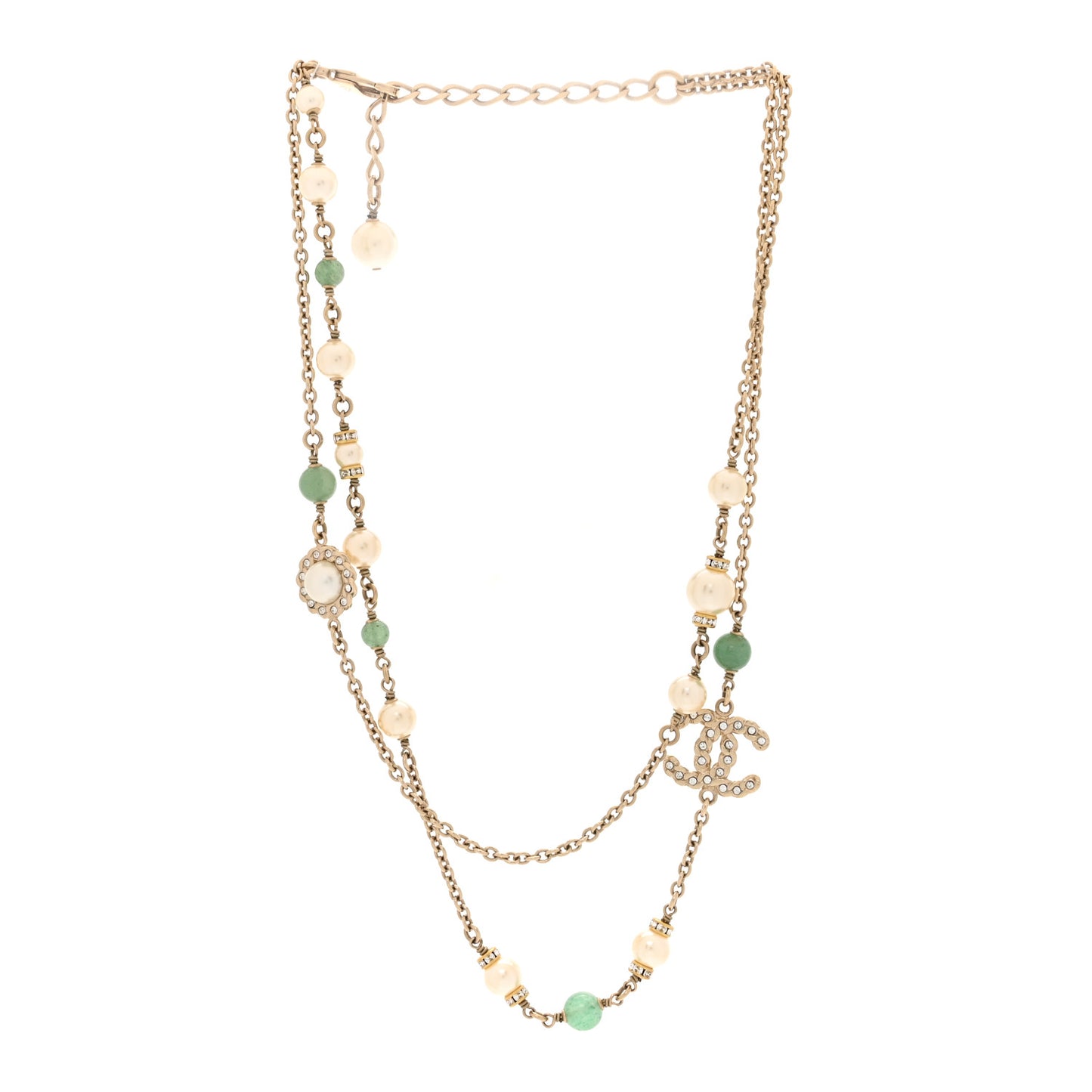 Crystal Beaded Pearl Pearls CC Coronation Multi Strand Short Necklace Gold Green