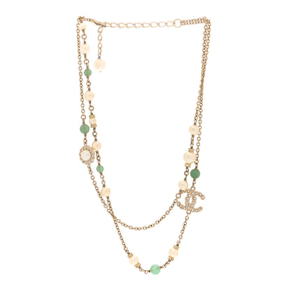 Chanel Crystal Beaded Pearl Pearls CC Coronation Multi Strand Short Necklace Gold Green 3 of 5