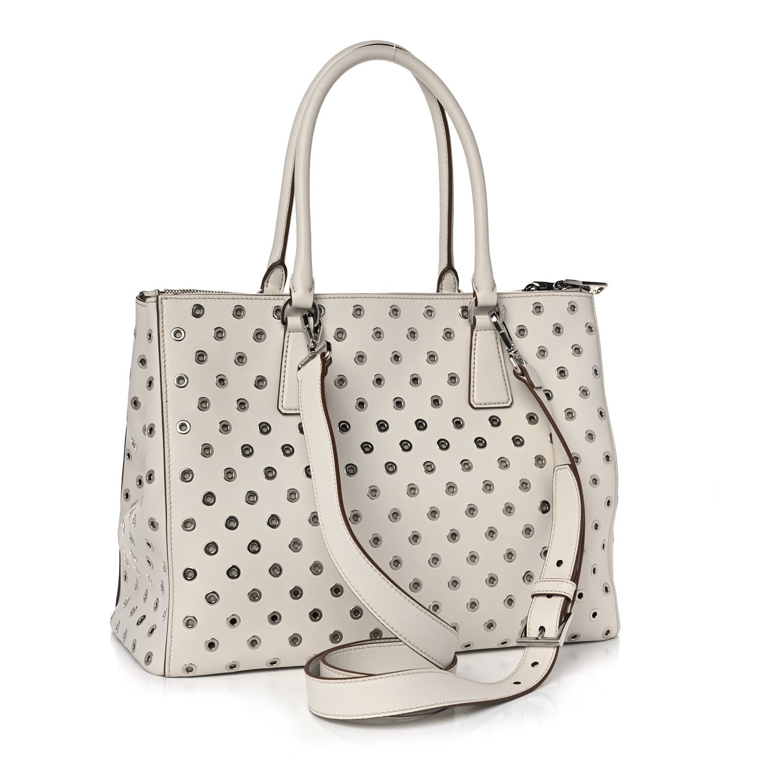 Prada City Calf Grommet Large Double Zip Tote Talco 3 of 15