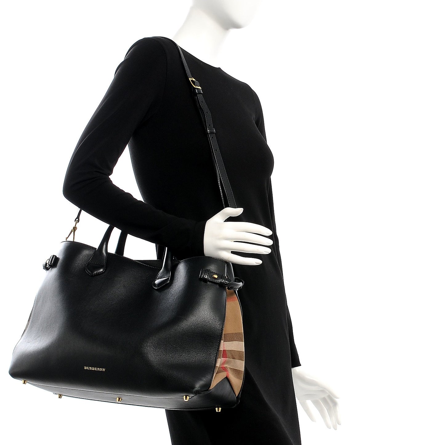 Grainy Calfskin House Check Large Banner Tote Black