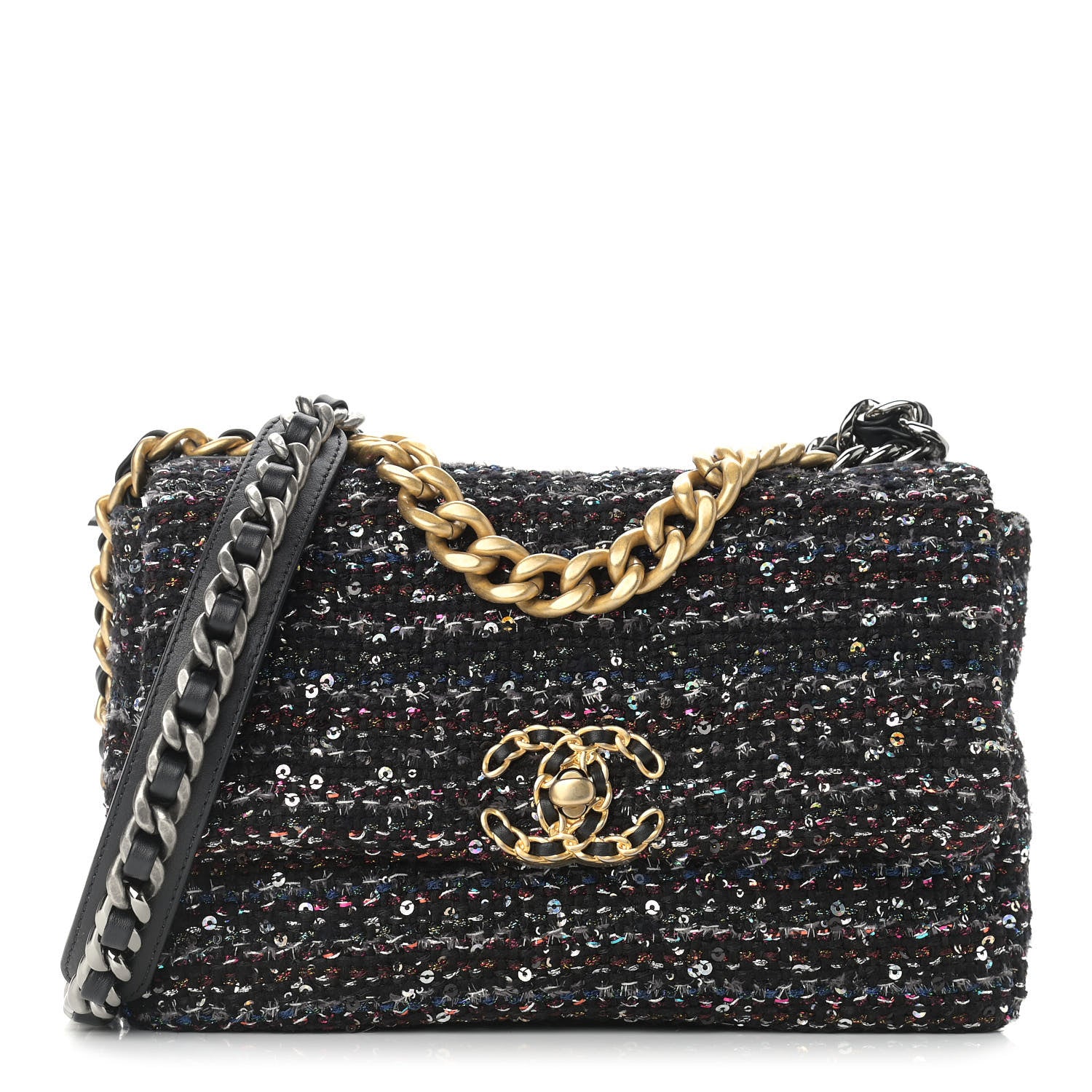 Chanel Tweed Sequin Quilted Medium Chanel 19 Flap Black Multicolor 1 of 12