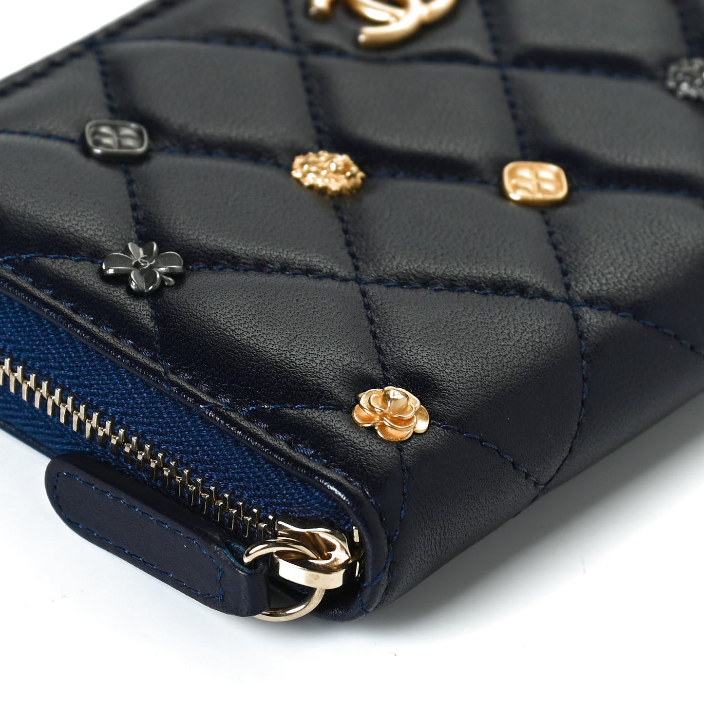 Lambskin Quilted Small Lucky Charms Zip Around Wallet Navy