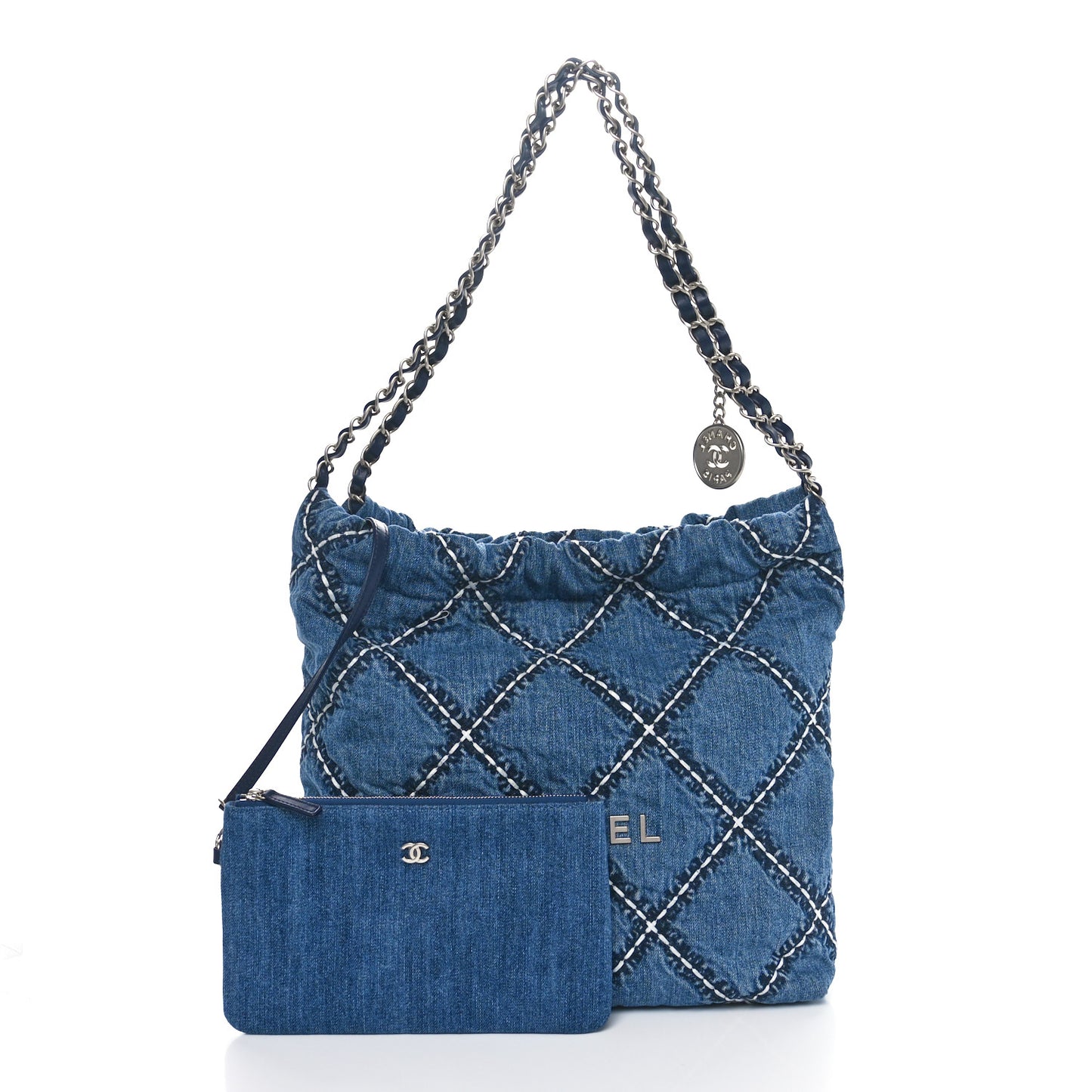 Denim Quilted Stitched Small Chanel 22 Blue