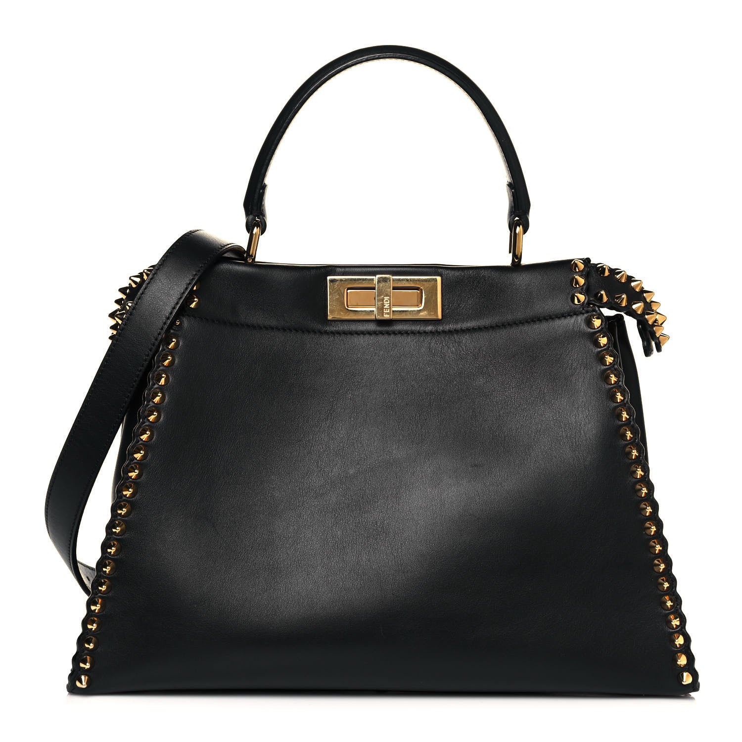Fendi Vitello Seta Shiny Nappa Scalloped Studded Medium Peekaboo Iconic Satchel Black 1 of 17