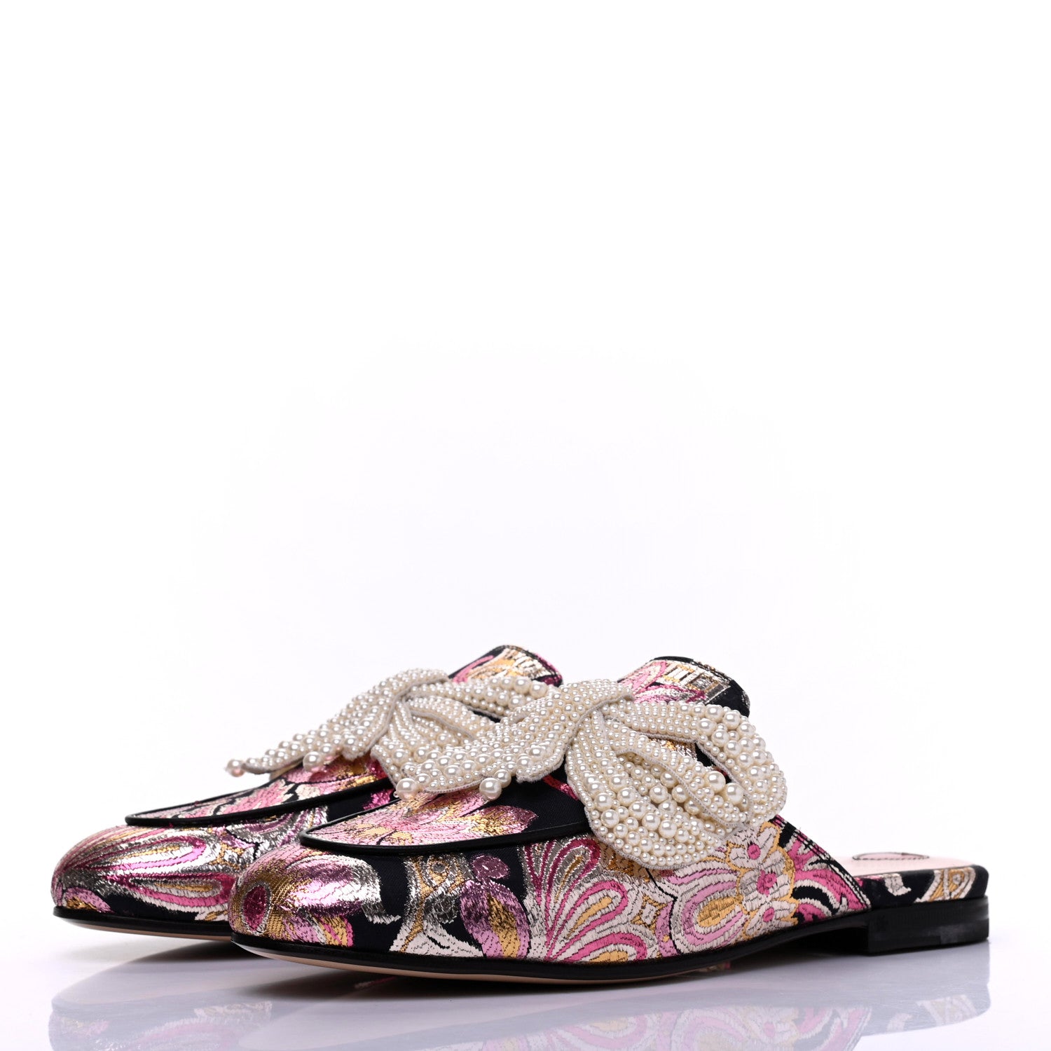 Gucci Iridescent Brocade Pearl Bow Womens Princetown Slippers 36.5 Black Pink 3 of 16
